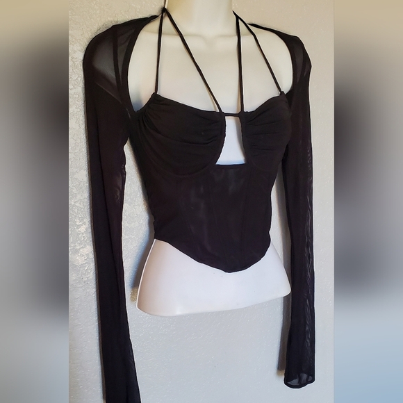 💚5/$25 Black Sheer Long Sleeve Corset Crop Top Size Small - Picture 5 of 6